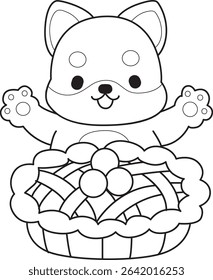 Outline of Cute puppy kawaii dog lovely animal vector icon. Coloring page of Fluffy Shiba Inu. outline of shiba inu bring a pie cherry