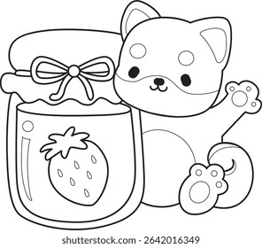 Outline of Cute puppy kawaii dog lovely animal vector icon. Coloring page of Fluffy Shiba Inu. outline of shiba inu bring a strawberry jam
