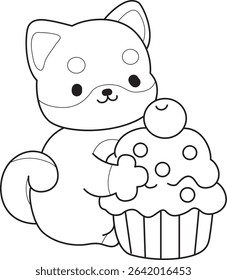 Outline of Cute puppy kawaii dog lovely animal vector icon. Coloring page of Fluffy Shiba Inu. outline of shiba inu bring a cupcake