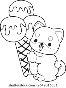 Outline of Cute puppy kawaii dog lovely animal vector icon. Coloring page of Fluffy Shiba Inu. outline of shiba inu bring a three scoop of ice cream