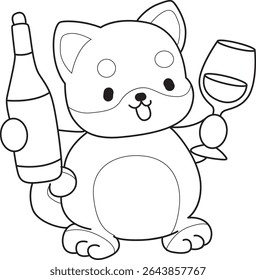 Contorno de cachorro bonito cão kawaii adorável ícone do vetor animal. Colorir página de Fluffy Shiba Inu. contorno de shiba inu trazer uma cerveja ou vinho