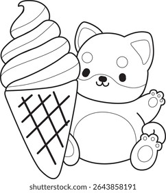 Contorno de cachorro bonito cão kawaii adorável ícone do vetor animal. Colorir página de Fluffy Shiba Inu. contorno de shiba inu trazer um sorvete