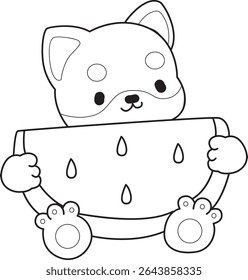 Contorno de cachorro bonito cão kawaii adorável ícone do vetor animal. Colorir página de Fluffy Shiba Inu. contorno de shiba inu trazer uma melancia