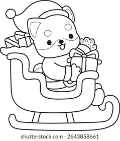 Outline of Cute puppy kawaii dog lovely animal vector icon. Coloring page of Fluffy Shiba Inu. outline of shiba inu like a Santa claus