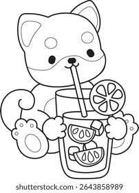 Contorno de cachorro bonito cão kawaii adorável ícone do vetor animal. Colorir página de Fluffy Shiba Inu. contorno de shiba inu beber um suco de laranja