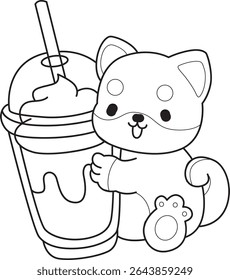 Outline of Cute puppy kawaii dog lovely animal vector icon. Coloring page of Fluffy Shiba Inu. outline of shiba inu bring a milkshake