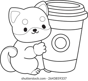 Contorno de cachorro bonito cão kawaii adorável ícone do vetor animal. Colorir página de Fluffy Shiba Inu. contorno de shiba inu trazer um café