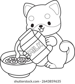 Contorno de cachorro bonito cão kawaii adorável ícone do vetor animal. Página de coloração de Fluffy Shiba Inu. contorno de shiba inu derramando um leite em tigela de cereal