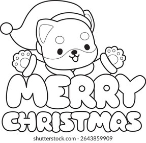 Outline of Cute puppy kawaii dog lovely animal vector icon. Coloring page of Fluffy Shiba Inu.outline of shiba inu with Merry Christmas text