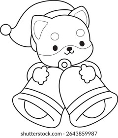 Outline of Cute puppy kawaii dog lovely animal vector icon. Coloring page of Fluffy Shiba Inu. outline of shiba inu with bells