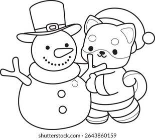 Outline of Cute puppy kawaii dog lovely animal vector icon. Coloring page of Fluffy Shiba Inu. outline of shiba inu with snowman