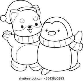 Outline of Cute puppy kawaii dog lovely animal vector icon. Coloring page of Fluffy Shiba Inu. outline of shiba inu with penguin