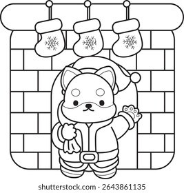 Outline of Cute puppy kawaii dog lovely animal vector icon. Coloring page of Fluffy Shiba Inu. outline of shiba inu like a Santa Claus in the fire place