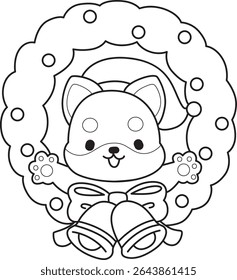 Outline of Cute puppy kawaii dog lovely animal vector icon. Coloring page of Fluffy Shiba Inu. outline of shiba inu in the Christmas decor