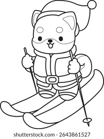 Contorno de cachorro bonito cão kawaii adorável ícone do vetor animal. Colorir página de Fluffy Shiba Inu. contorno de shiba inu jogando uma patinação no gelo