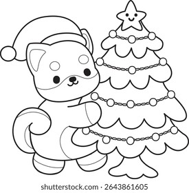 Outline of Cute puppy kawaii dog lovely animal vector icon. Coloring page of Fluffy Shiba Inu. outline of shiba inu with Christmas tree