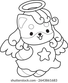 Outline of Cute puppy kawaii dog lovely animal vector icon. Coloring page of Fluffy Shiba Inu. outline of shiba inu like an Angel 