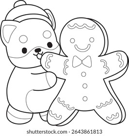 Outline of Cute puppy kawaii dog lovely animal vector icon. Coloring page of Fluffy Shiba Inu. outline of shiba inu bring a ginger bread