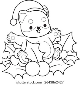 Outline of Cute puppy kawaii dog lovely animal vector icon. Coloring page of Fluffy Shiba Inu. outline of shiba inu in the Cherry plants