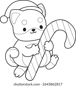 Outline of Cute puppy kawaii dog lovely animal vector icon. Coloring page of Fluffy Shiba Inu. outline of shiba inu bring a Christmas candy