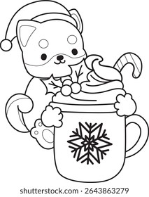 Outline of Cute puppy kawaii dog lovely animal vector icon. Coloring page of Fluffy Shiba Inu. outline of shiba inu bring a hot chocolate