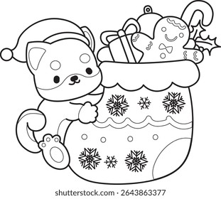 Outline of Cute puppy kawaii dog lovely animal vector icon. Coloring page of Fluffy Shiba Inu. outline of shiba inu bring a red socks