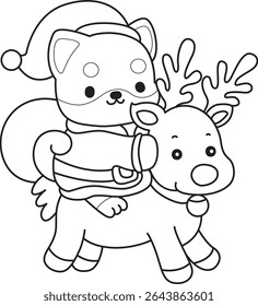Outline of Cute puppy kawaii dog lovely animal vector icon. Coloring page of Fluffy Shiba Inu. outline of shiba inu riding a reindeer