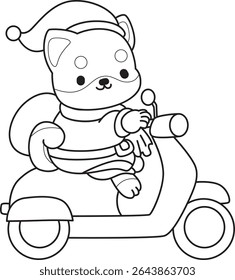 Outline of Cute puppy kawaii dog lovely animal vector icon. Coloring page of Fluffy Shiba Inu. outline of santa shiba inu riding a scooter