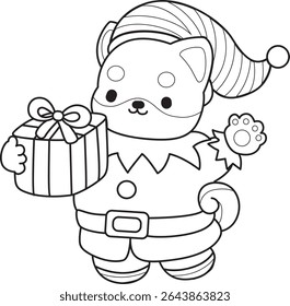 Outline of Cute puppy kawaii dog lovely animal vector icon. Coloring page of Fluffy Shiba Inu. outline of shiba inu like a dwarf with gift box