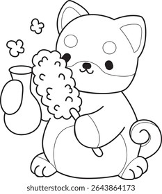 Contorno de cachorro bonito cão kawaii adorável ícone do vetor animal. Página de coloração de Fluffy Shiba Inu. contorno de shiba inu limpeza do vaso com polvilho de penas