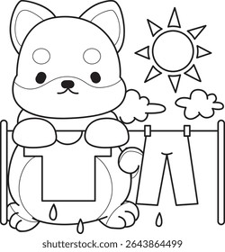 Outline of Cute puppy kawaii dog lovely animal vector icon. Coloring page of Fluffy Shiba Inu. outline of shiba inu cleaning the clothes and pants under the sun