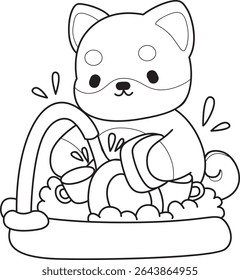 Contorno de cachorro bonito cão kawaii adorável ícone do vetor animal. Página de coloração de Fluffy Shiba Inu. contorno de shiba inu limpeza da placa na pia