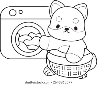 Contorno de cachorro bonito cão kawaii adorável ícone do vetor animal. Página de coloração de Fluffy Shiba Inu. contorno de shiba inu limpeza das roupas na máquina de lavar roupa