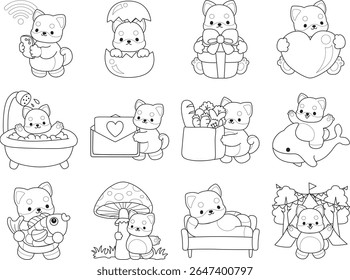 Outline of Cute puppy kawaii dog lovely animal. Coloring pages of Fluffy Shiba Inu pet stickers. Outline of shiba inu in the variation of daily life