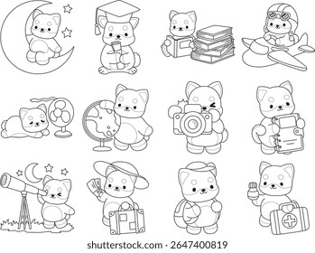 Outline of Cute puppy kawaii dog lovely animal. Coloring pages of Fluffy Shiba Inu pet stickers. Outline of shiba inu in the variation of smart and education
