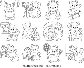 Outline of Cute puppy kawaii dog lovely animal. Coloring pages of Fluffy Shiba Inu pet stickers. Outline of shiba inu in the variation of sport and workout