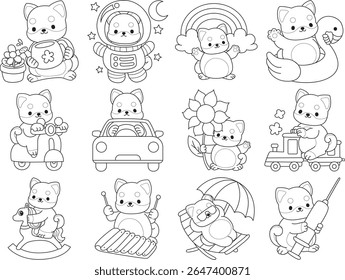 Outline of Cute puppy kawaii dog lovely animal. Coloring pages of Fluffy Shiba Inu pet stickers. Outline of shiba inu in the variation of transportation