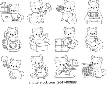 Outline of Cute puppy kawaii dog lovely animal. Coloring pages of Fluffy Shiba Inu pet stickers. Outline of shiba inu in the variation of money and finance
