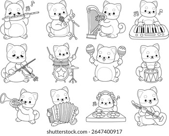 Outline of Cute puppy kawaii dog lovely animal. Coloring pages of Fluffy Shiba Inu pet stickers. Outline of shiba inu in the variation of instrument and musical