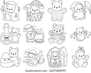 Outline of Cute puppy kawaii dog lovely animal. Coloring pages of Fluffy Shiba Inu pet stickers. Outline of shiba inu in the variation of halloween party