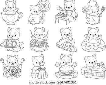 Outline of Cute puppy kawaii dog lovely animal. Coloring pages of Fluffy Shiba Inu pet stickers. Outline of shiba inu in the variation of junk food and dessert