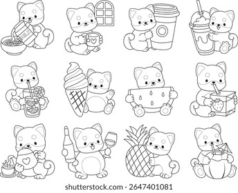 Outline of Cute puppy kawaii dog lovely animal. Coloring pages of Fluffy Shiba Inu pet stickers. Outline of shiba inu in the variation of drink and beverage