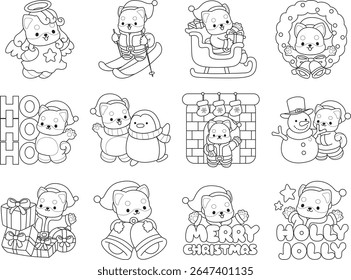 Outline of Cute puppy kawaii dog lovely animal. Coloring pages of Fluffy Shiba Inu pet stickers. Outline of merry christmas by shiba inu