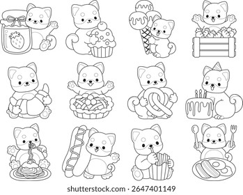 Outline of Cute puppy kawaii dog lovely animal. Coloring pages of Fluffy Shiba Inu pet stickers. Outline of shiba inu with variation of fast food and snack