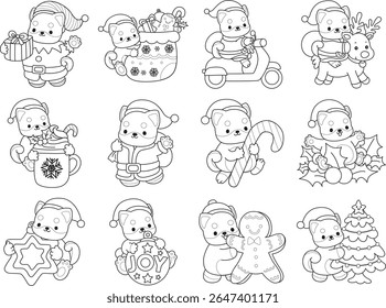 Outline of Cute puppy kawaii dog lovely animal. Coloring pages of Fluffy Shiba Inu pet stickers. Outline of shiba inu in the variation of christmas costume