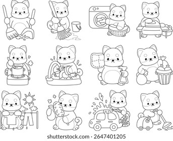 Outline of Cute puppy kawaii dog lovely animal. Coloring pages of Fluffy Shiba Inu pet stickers. Outline of shiba inu in the variation of chores and laundry