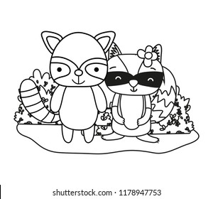 outline cute raccoons friends animals and bushes