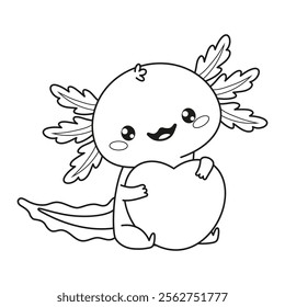 Outline Cute Romantic Axolotl hugs big heart valentine. Little festive cartoon pink kawaii character. Line drawing, coloring book. Vector illustration. Kids collection