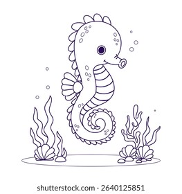 Outline Cute Seahorse with algae and coral on seabed. Line drawing, coloring book. Vector illustration. Kids collection