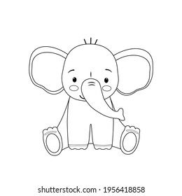 The outline of a cute sitting elephant. Vector illustration for kids coloring book. Cartoon animal sketch